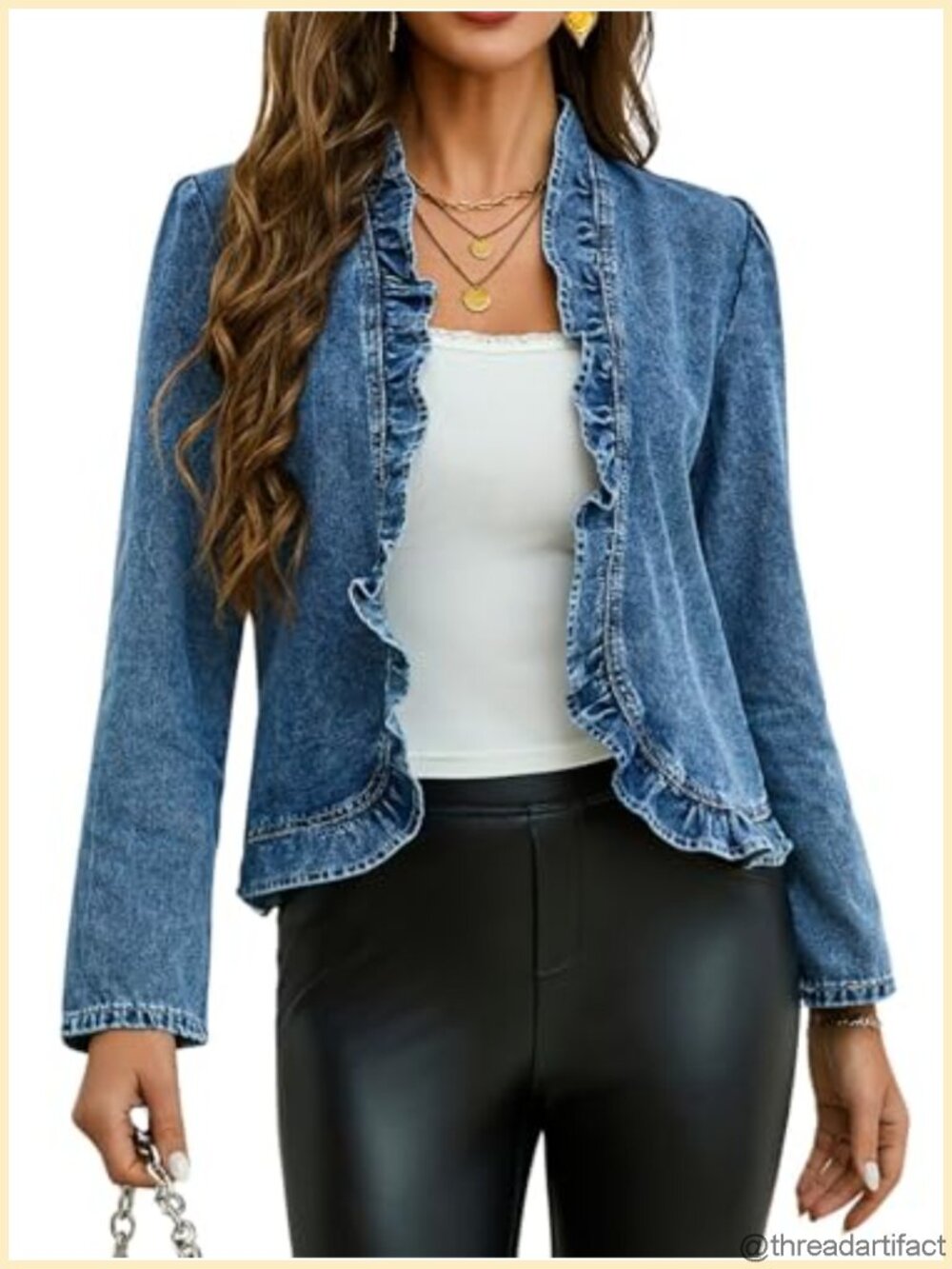 Ruffled Denim Crop Jacket Long Sleeve Open Front Jean Coat